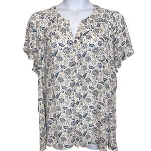Rose + Olive Womens Blue Cream Floral Button Front Blouse Sz 3X Flowy‎ Boho